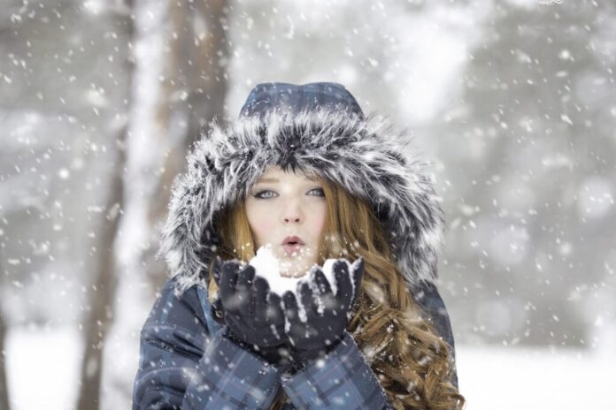 woman, snow, blow